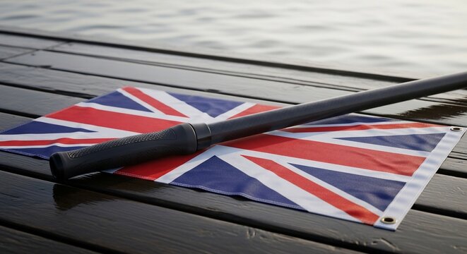 Sleek carbon fiber rowing oar resting on a British Union Jack flag on a wooden dock by the water
