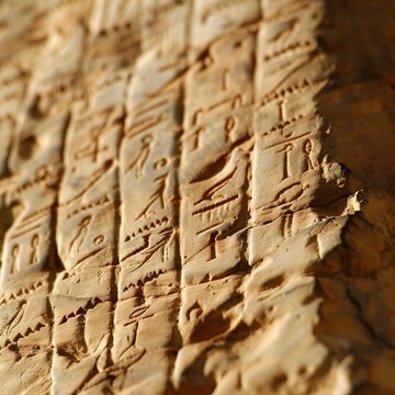 Ancient carved inscriptions on clay surface in warm light, AI-generated.