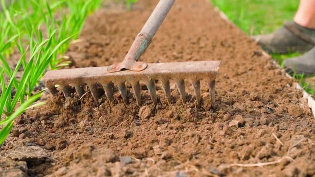 Leveling vegetable garden bed soil with rake close-up slow motion