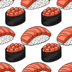 Seamless vector pattern of vibrant salmon nigiri and bright red roe gunkan maki sushi, perfect for food-themed designs. © Khrystyna Turchyn