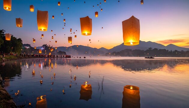 Sky lanterns illuminate a serene lake at sunset, creating a magical atmosphere.
