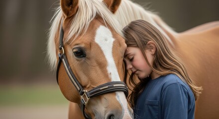 Young woman hugging her beautiful brown horse close