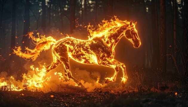 Fiery Horse Galloping Through the Forest - A Symbol of Power.