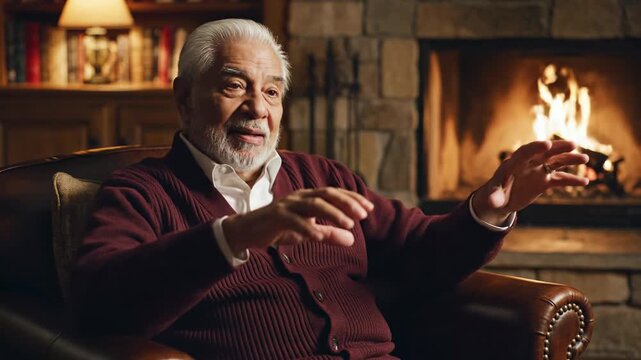A senior man relaxes in a leather armchair by a warm fireplace in a cozy home library.