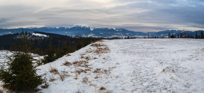 Winter evening overcast twilight mountains (Ukraine, Carpathians -  mountain peaks scenery view from Yablunytsia Pass).