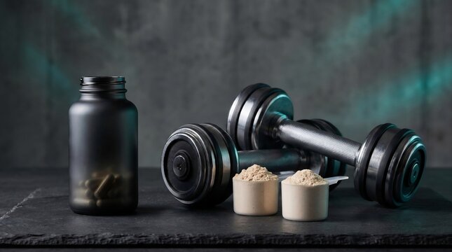 Sports Nutrition Supplements with Protein Powder Dumbbells and Fitness Recovery