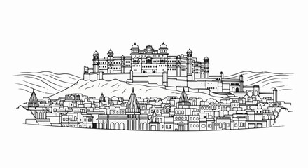 Fototapeta premium Detailed monochrome sketch of a sprawling ancient city with a grand palace on a hill