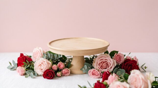 Empty wooden cake stand podium for product display on a white tablecloth adorned with elegant pink and red roses