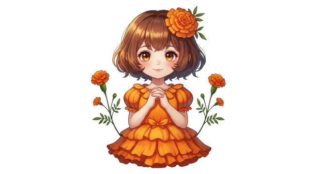 Little girl in orange dress with flowers in her hair and hands together