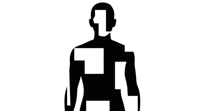 Abstract black silhouette of a human figure fragmented by white geometric shapes on a white background, representing deconstruction or digital identity.