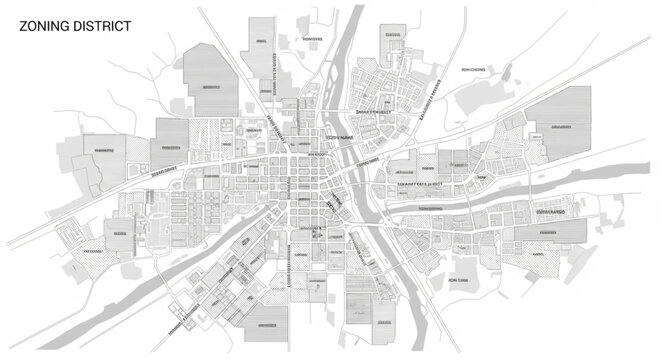 Detailed City Map Showing Zoning Districts and Streets.