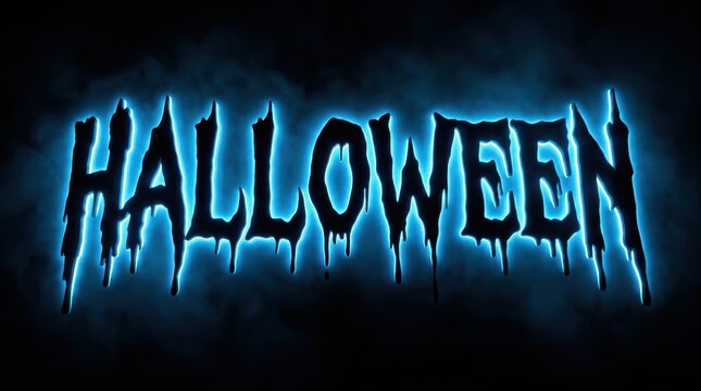 Spooky halloween text with glowing blue neon effect and dripping font on a dark smoky background.