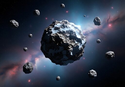 Asteroid field in deep space with large rocky body and debris
