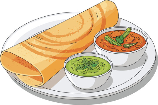 South Indian Dosa with Sambar and Coconut Chutney on Plate, Traditional Indian Breakfast Meal, Delicious Street Food Vector Illustration for Restaurant Menu Design