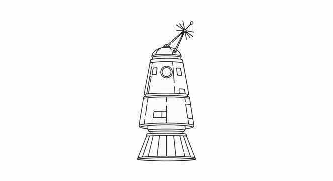 Detailed line drawing of a futuristic spacecraft with antenna and conical base