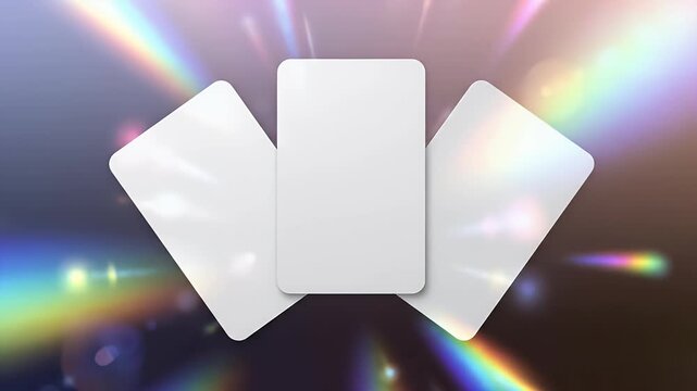 A stack of blank white cards is illuminated by a vibrant, colorful light burst resembling a rainbow and lens flares, creating a magical and ethereal atmosphere.