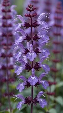 Tall purple flowering plant with red buds in natural setting