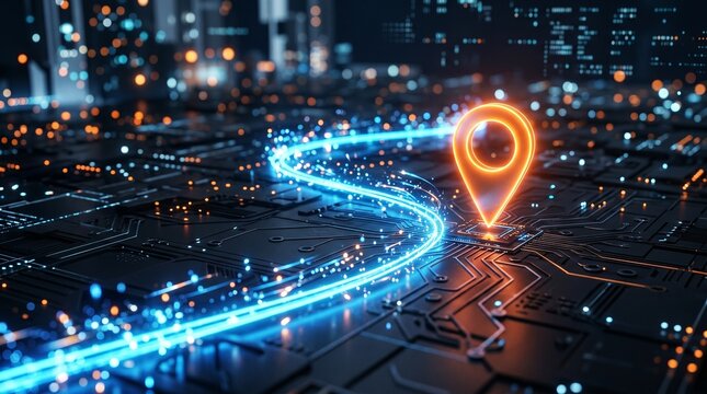 A glowing orange location pin on a circuit board with blue neon lights tracing a winding path