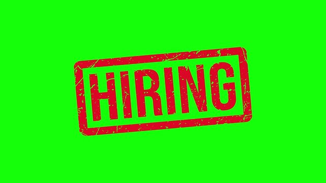 Red HIRING Rubber Stamp Animation with Grunge Texture on White and Green Screen Background for Business Recruitment