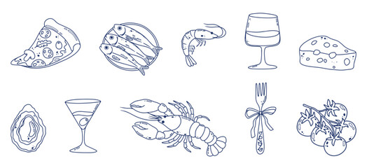 Mediterranean food doodle set with seafood, wine, tomato elements. Italian cuisine coastal collection. Perfect for menus, posters, icons, cards and travel design. Flat vector illustration. © Nataliia Vyshnytska