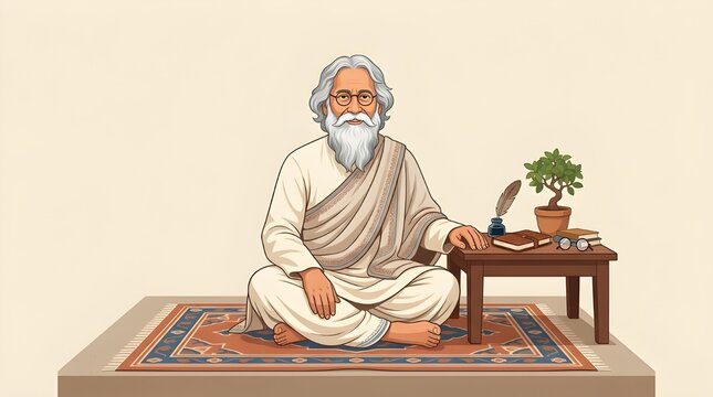 Rabindra Jayanti Celebration, Illustrative Portrait of Rabindranath Tagore Meditating under a Tree, Literary Birth Anniversary Tribute with Traditional Elements
