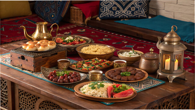 Extensive middle eastern dining arrangement on dark wooden table, various delicious dishes presented beautifully, antique lantern and brass teapot enhancing cultural atmosphere
