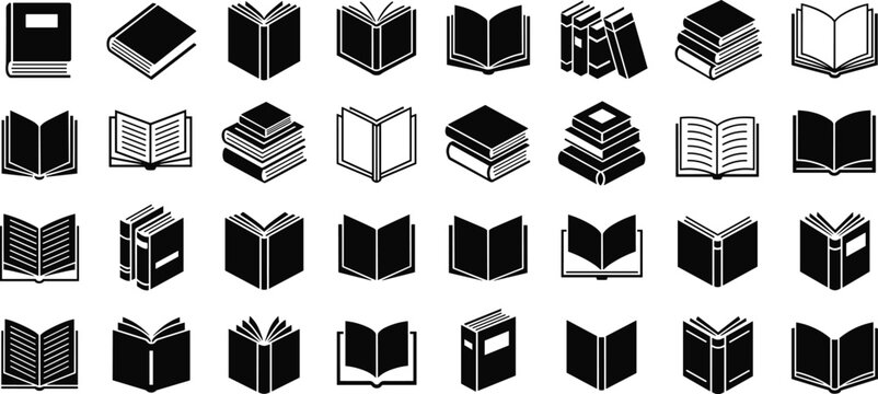 Book Icons Set Vector Illustration Featuring Open Books Stacked Literature Library Symbols Education and Reading Minimalist Black White Silhouette Collection