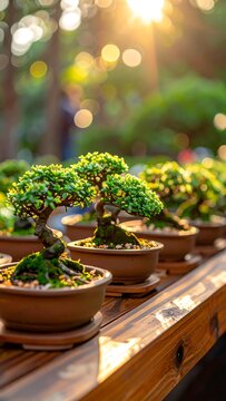 Bonsai trees in golden light.