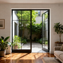 Fototapeta premium Bright loft living space with indoor plants and quiet courtyard view