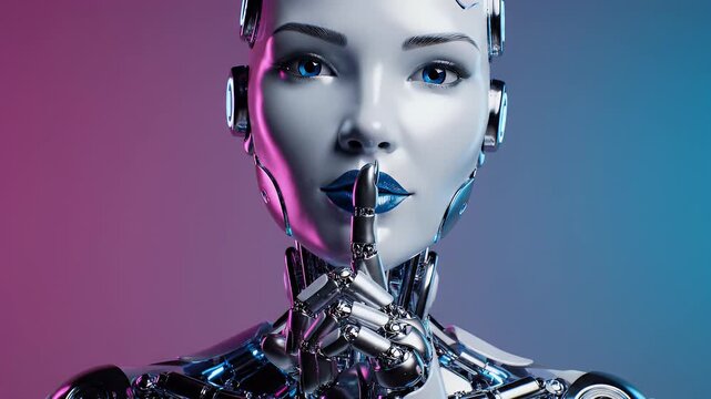 A strikingly detailed portrait showcases a futuristic humanoid robot with piercing blue eyes and metallic features, set against a vibrant neon-colored backdrop.