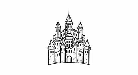 Obraz premium Elaborate medieval castle with multiple towers and battlements, drawn in black ink