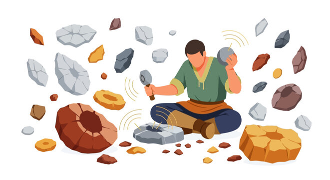 Ancient craftsman shaping stone tools with primitive instruments.