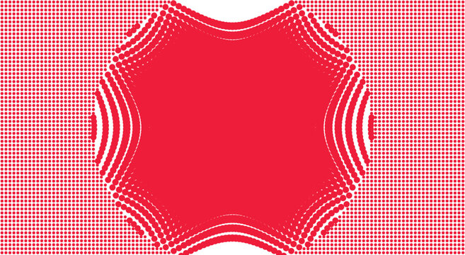 Retro optical illusion halftone background. red and white dotted waves, distorted border frame, copy space. for vintage pop art poster, sale banner, and psychedelic print. eps stock vector.