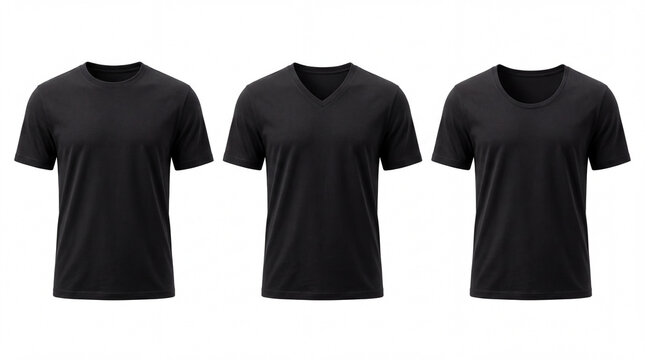 Three black t-shirts with different necklines on a white background