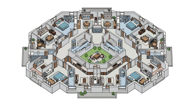 An aerial view of a large office building floor plan with multiple rooms and corridors in a modern architecture design