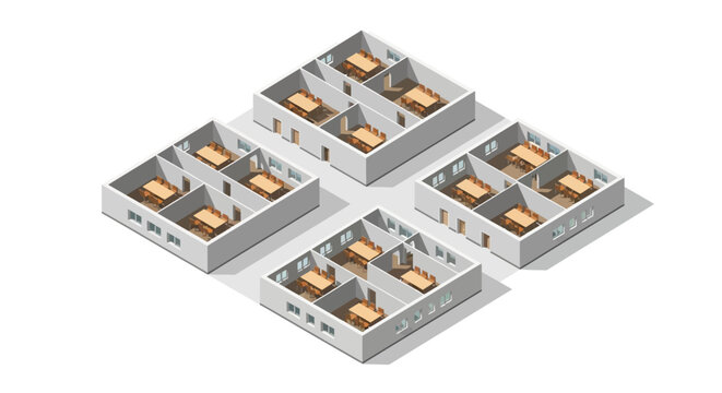 Illustration of four modern office buildings with multiple rooms and windows 