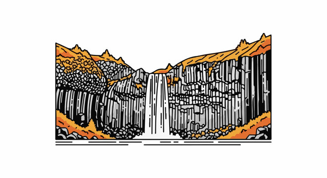 Dramatic waterfall cascades between basalt columns under a rugged, rocky landscape