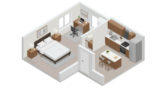 A 3D isometric illustration of a modern compact studio apartment interior with bedroom, kitchen, and dining areas