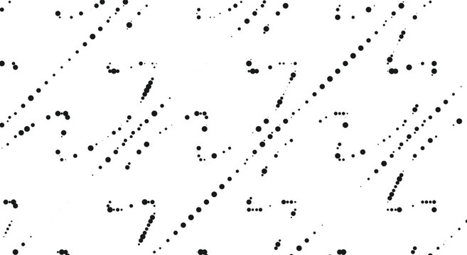 Abstract glitch halftone diagonal pattern. black and white dotted lines, broken morse code, pixel texture. for cyber network backdrop, digital data print, and tech layout.