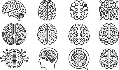 Human Brain Icon Set Vector Illustration Featuring Artificial Intelligence Mental Health Creative Thinking and Neurology Symbols Outline Minimalist Intelligence Concept © MostAnzuara