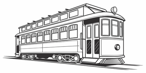 Vintage streetcar on tracks with public transport line art old fashioned white background streetcar historic transport railroad illustration silhouette transportation locomotive passenger © Mamun
