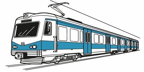 Modern electric train with blue accents line art white and blue public transport high speed commuter train graphic element design element white background locomotive railroad transport © Mamun