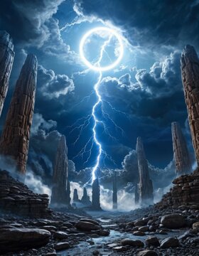 planeta de fantasia, cielo tormenta paisaje columnas ciudades ciencia ficcion