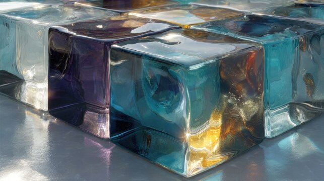 Abstract glass blocks, distortion pattern, transparent cube wall, modern architectural texture, light bending effect 