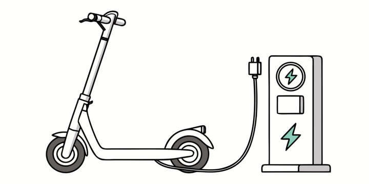 Electric scooter charging at a charging station with electric vehicle urban mobility eco friendly line art lithium ion personal transport green transport alternative transport zero emission