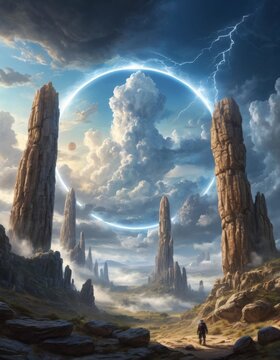 planeta de fantasia, cielo tormenta paisaje columnas ciudades ciencia ficcion