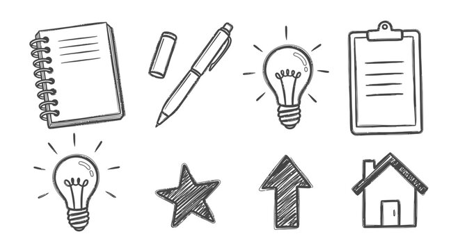 Sketched icons notebook pen lightbulb clipboard vector illustration