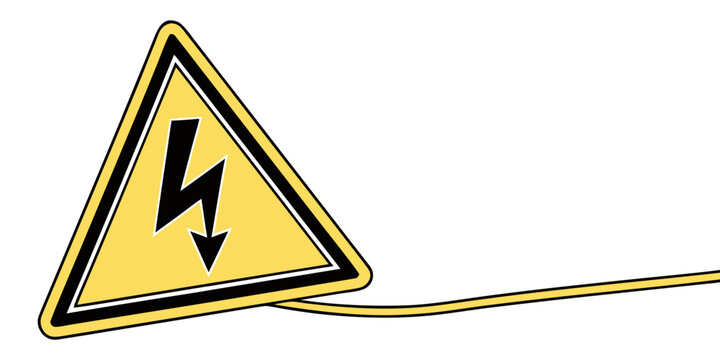 Yellow triangular warning sign with a black lightning bolt and a yellow cord high voltage traffic sign electrical cord power line energy supply electrical grid electrical hazard electrical saf
