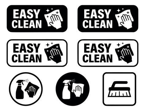 Flat icon set of 6 easy clean badges featuring spray bottle, brush and wiping hand symbols for product labeling