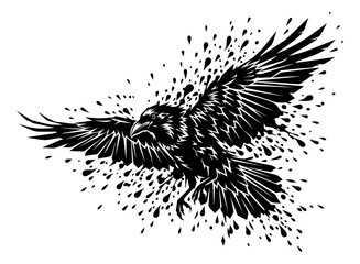 Obraz premium Splatter silhouette illustration of a flying raven depicting dynamic disintegration for tattoo and fantasy design